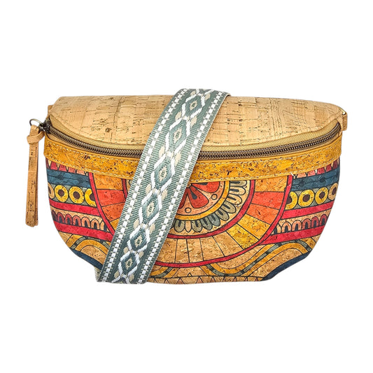 Damen Sling Bag aus Kork Halbmondförmige Brusttasche Vegan Gürteltasche mit abnehmbarem bunt gemustertem Schultergurt breiter Baumwoll-Schultergurt veganes Leder Portemonnaie Handtasche