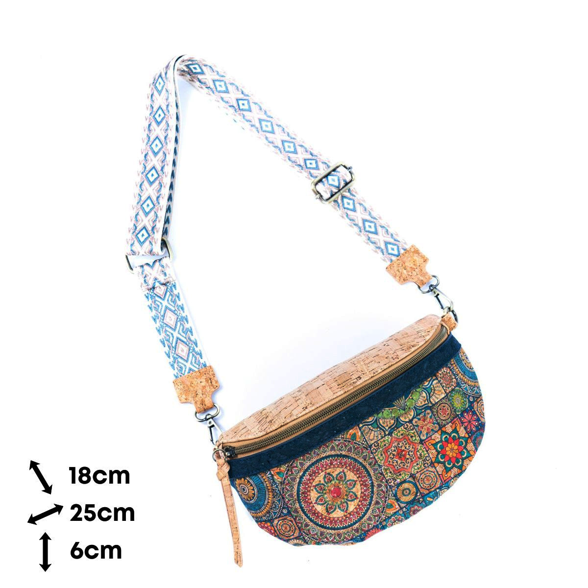 Damen Sling Bag aus Kork Halbmondförmige Brusttasche Vegan Gürteltasche mit abnehmbarem bunt gemustertem Schultergurt breiter Baumwoll-Schultergurt veganes Leder Portemonnaie Handtasche
