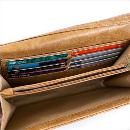 DeCarbonize Damen Kork Crossbody Geldbörse mit Schultergurt Handyhalter aus Kork Veganes Leder Portemonnaie